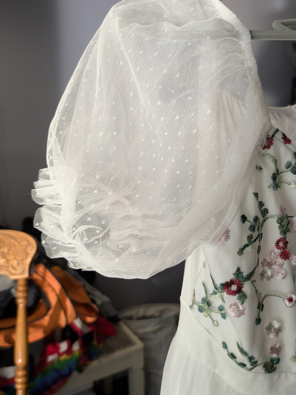 Ivory Floral-Embroidered Puff-Sleeve Maxi Dress - Picture 6 of 11